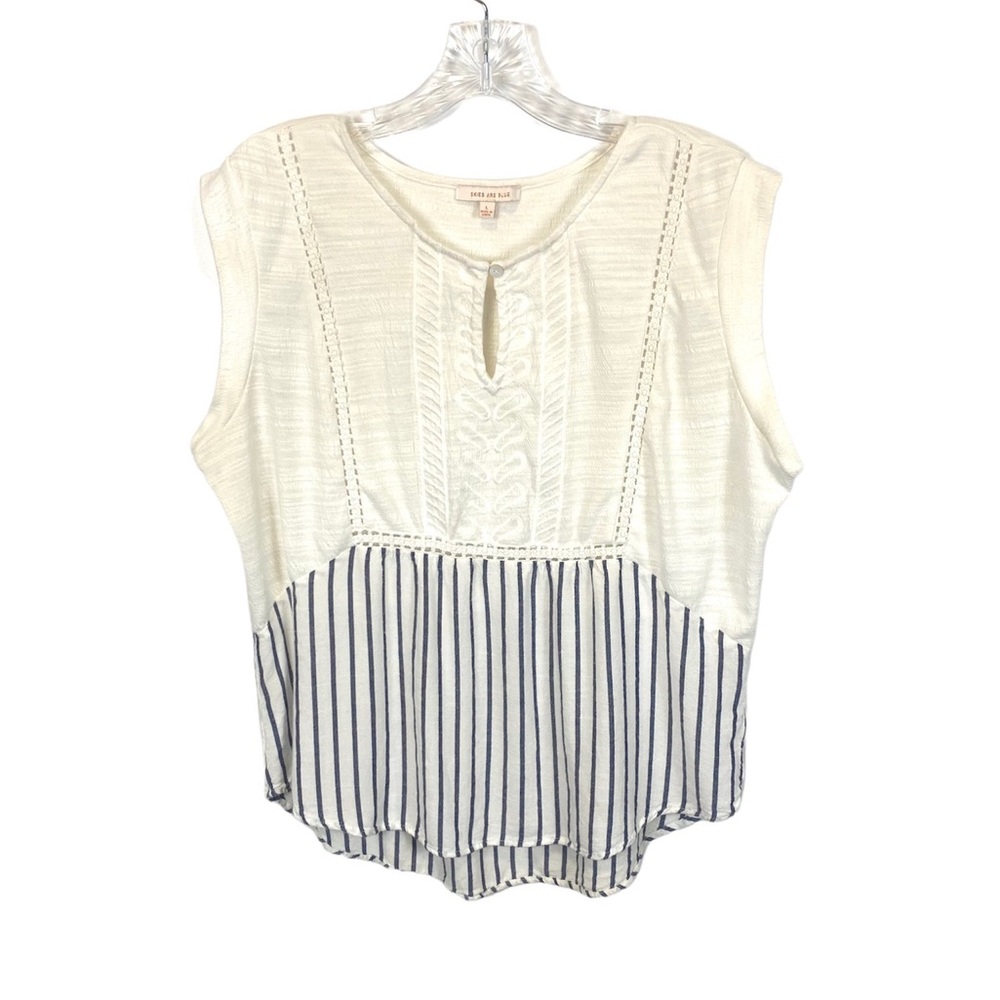 Skies Are Blue Cream and Navy Striped Sleeveless Blouse